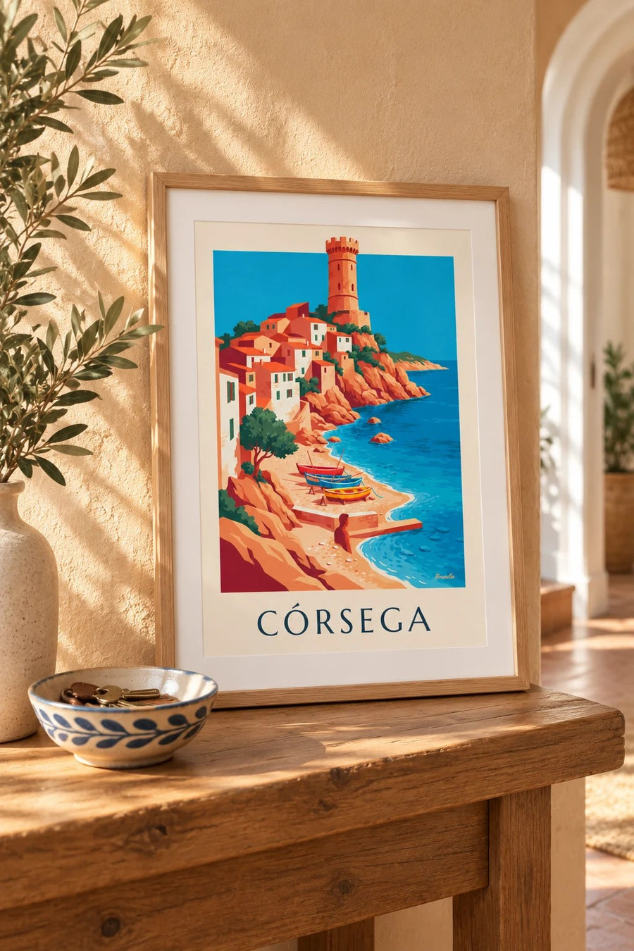Póster de aldeia costeira, torre genovesa e barcos na Córsega: pequeno formato A4 emoldurado