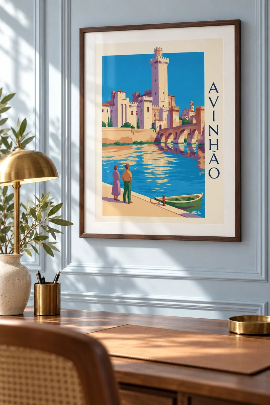 Poster da ponte Saint-Bénézet e do Palácio dos Papas em Avignon: pequeno formato A4 emoldurado
