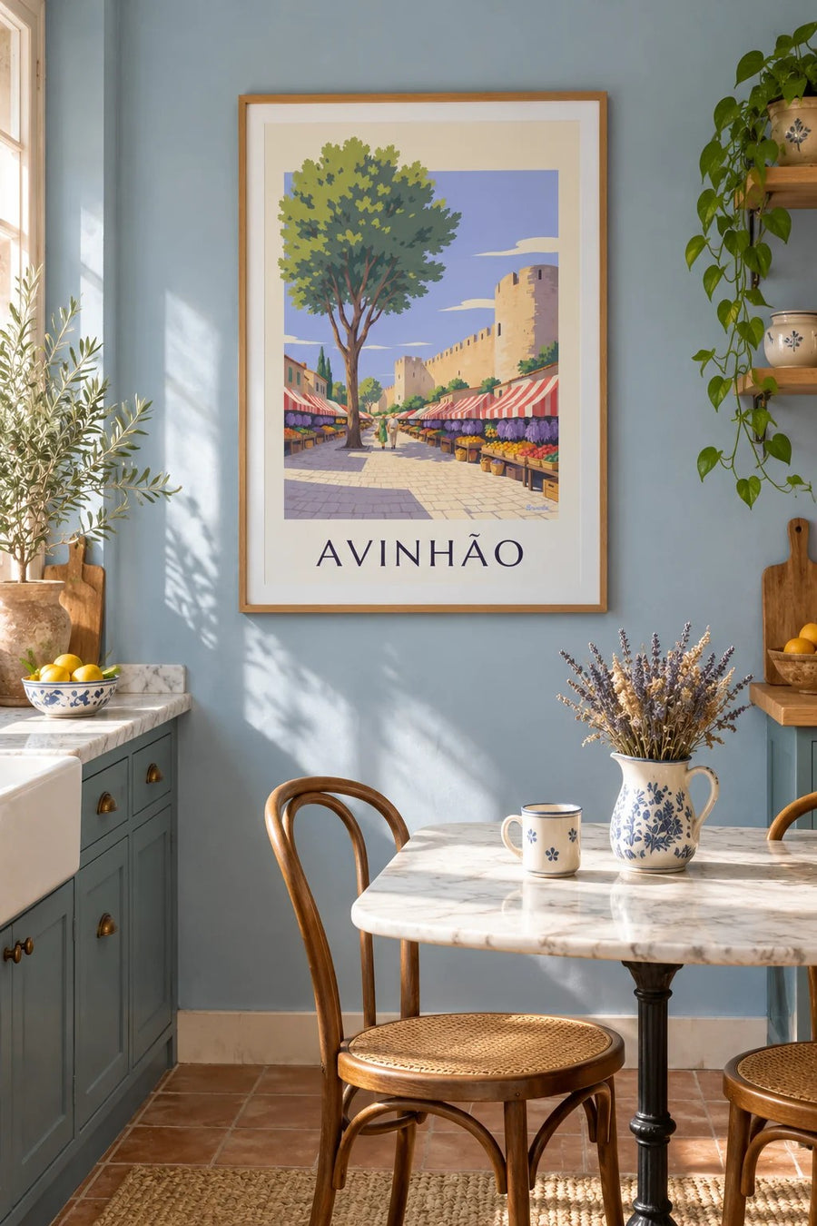 Póster de mercado provençal e lavanda em Avignon: emoldurado na parede