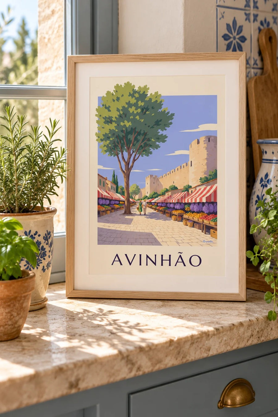 Póster de mercado provençal e lavanda em Avignon: pequeno formato A4 emoldurado