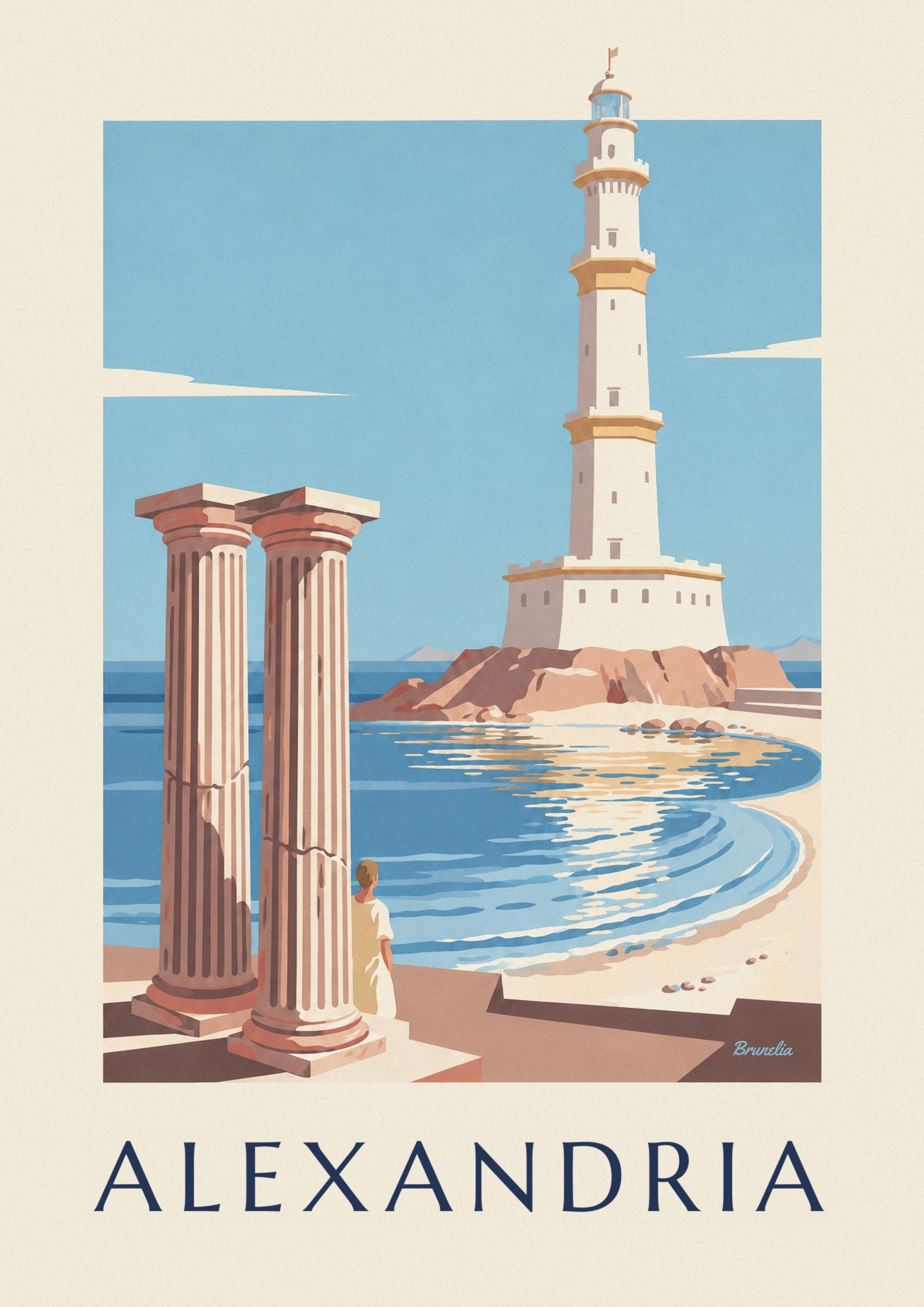Cartaz do farol antigo e das colunas de Alexandria, no Egito: pormenor ampliado