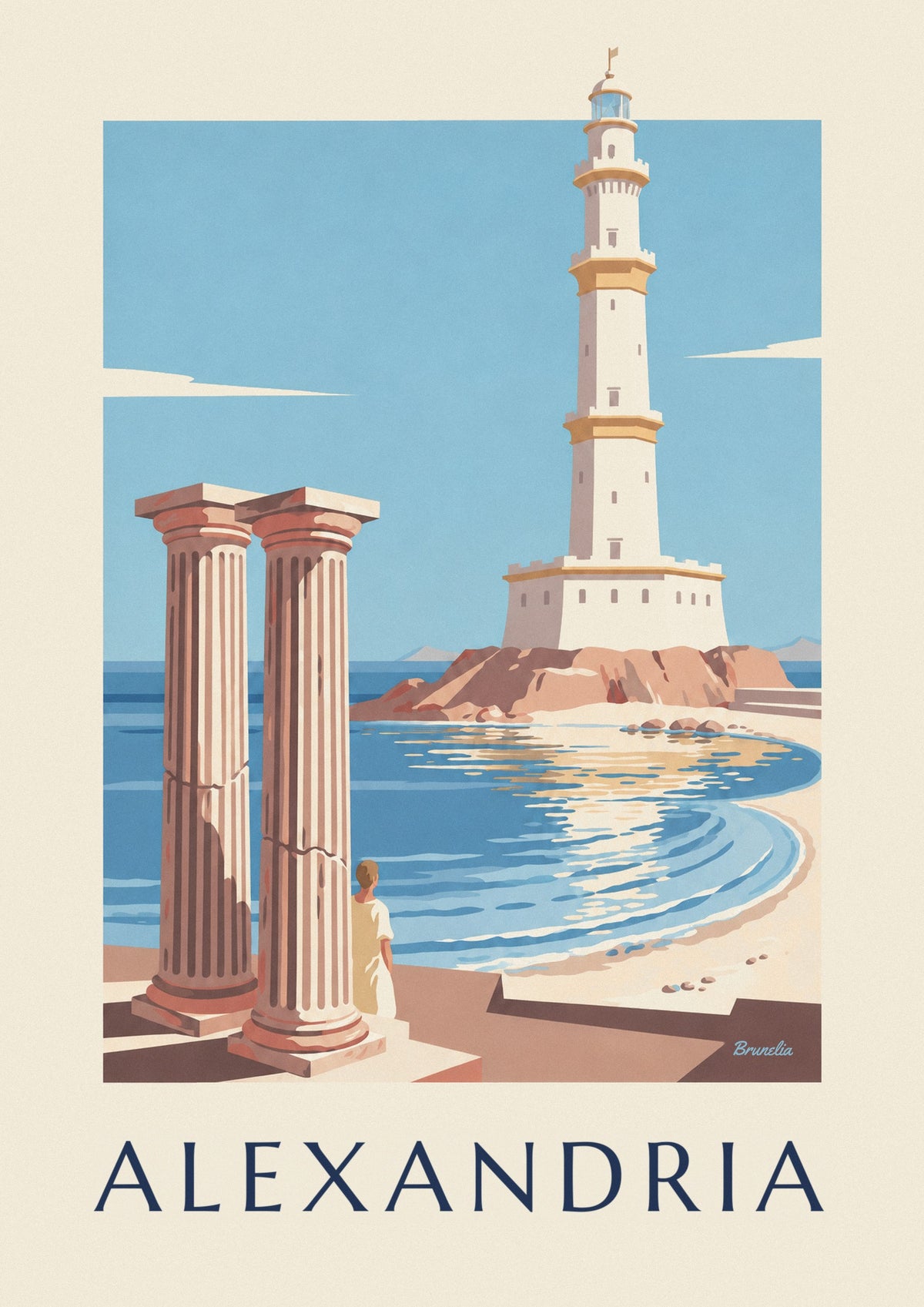 Cartaz do farol antigo e das colunas de Alexandria, no Egito