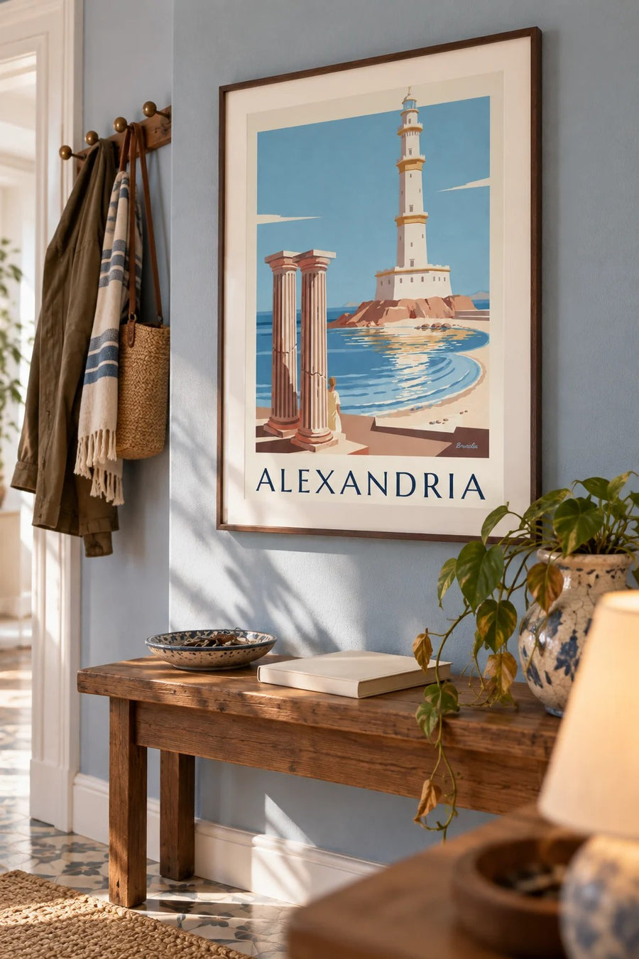Cartaz do farol antigo e das colunas de Alexandria, no Egito: emoldurado na parede