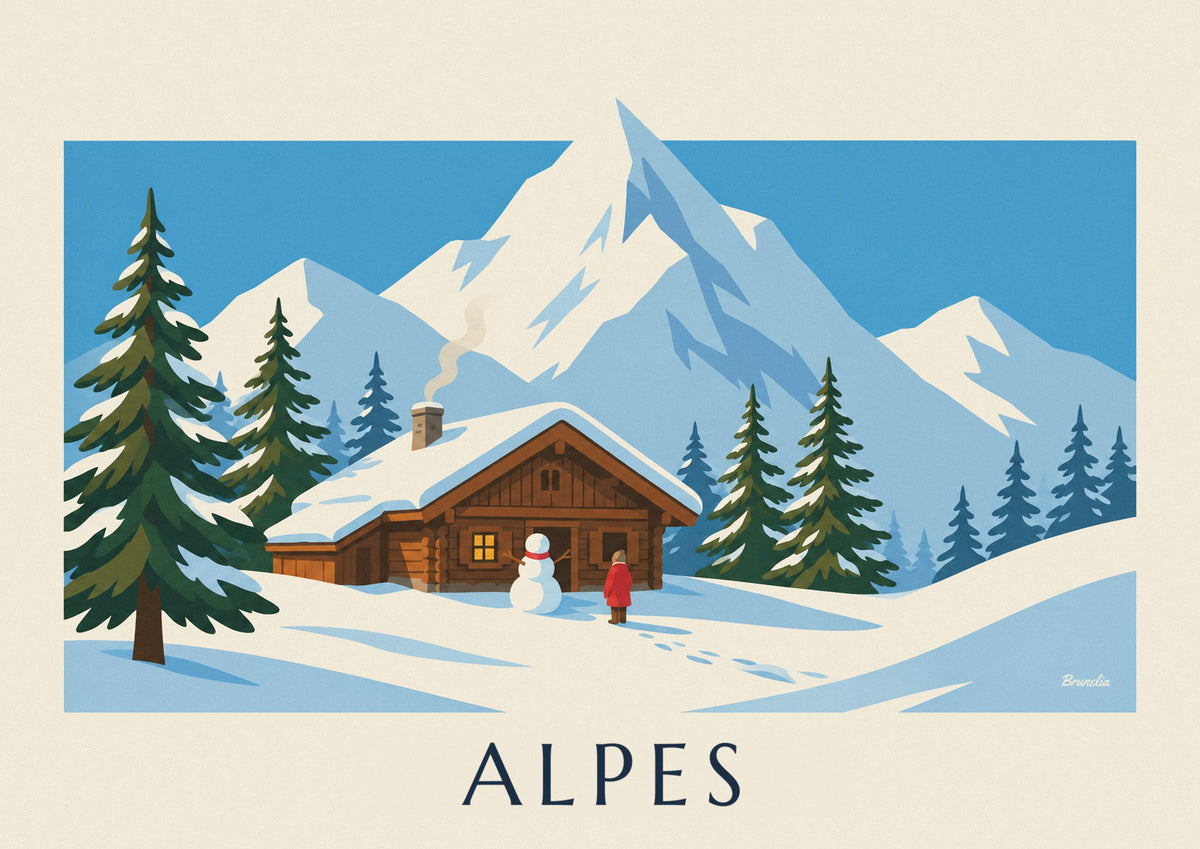Póster de um chalé coberto de neve e de um boneco de neve nos Alpes
