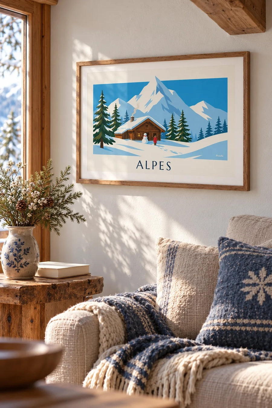 Póster de um chalé coberto de neve e de um boneco de neve nos Alpes: pequeno formato A4 emoldurado