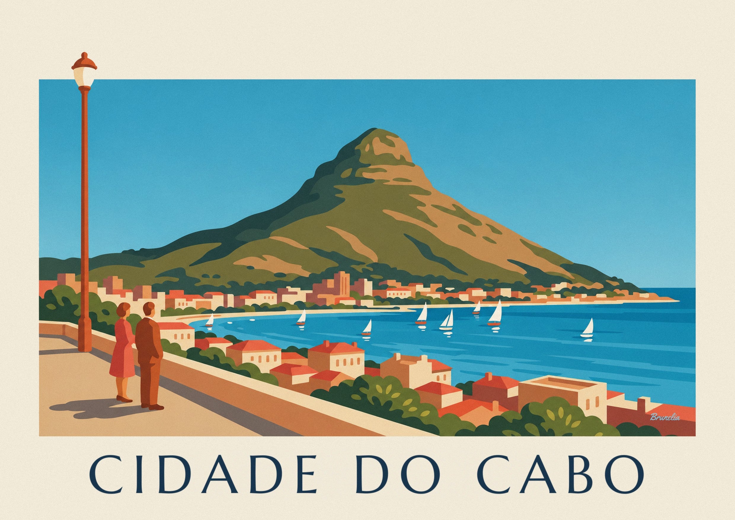 Cartaz da Cidade do Cabo, Lion's Head e baía com veleiros vistos do passeio marítimo: pormenor ampliado