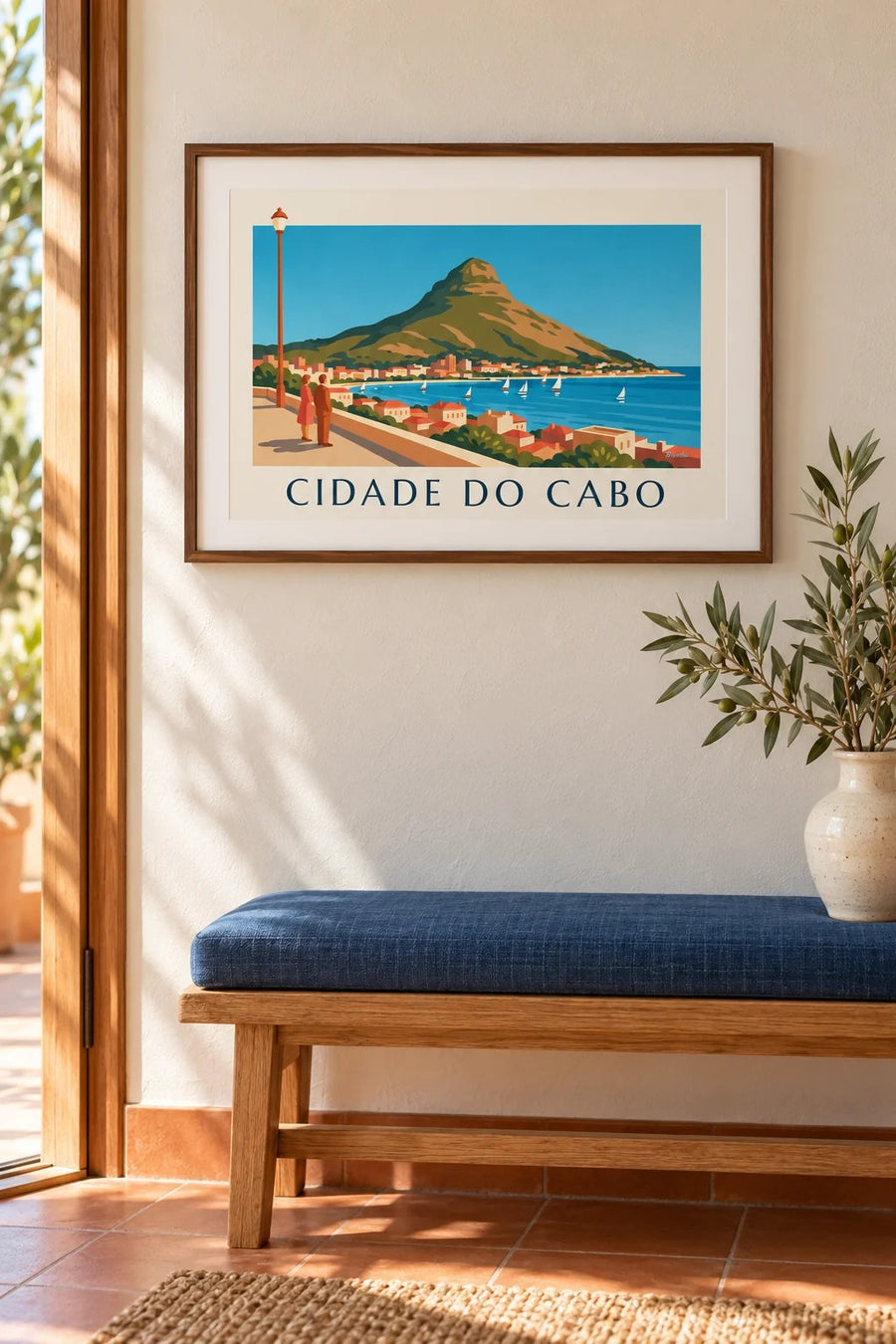 Cartaz da Cidade do Cabo, Lion's Head e baía com veleiros vistos do passeio marítimo: pequeno formato A4 emoldurado