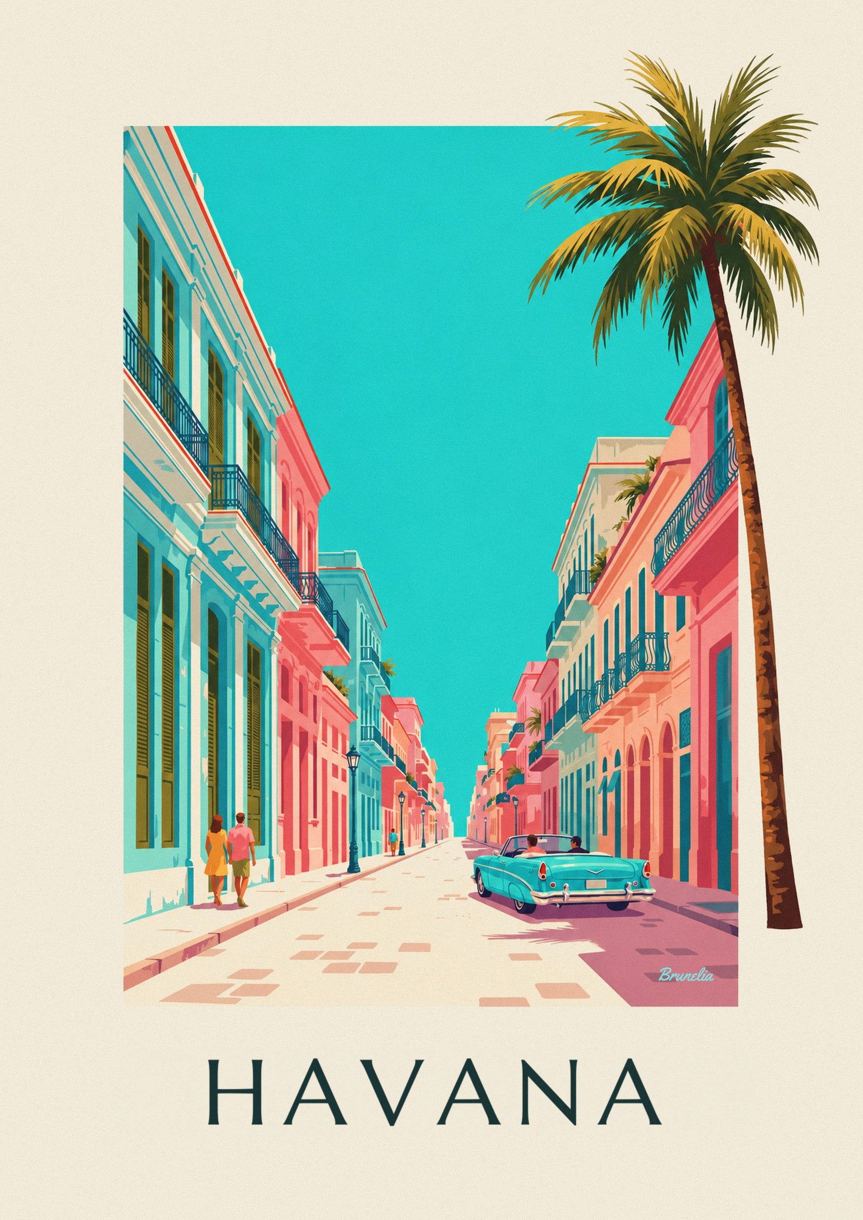 Poster de carro americano descapotável azul-turquesa em Havana: pormenor ampliado