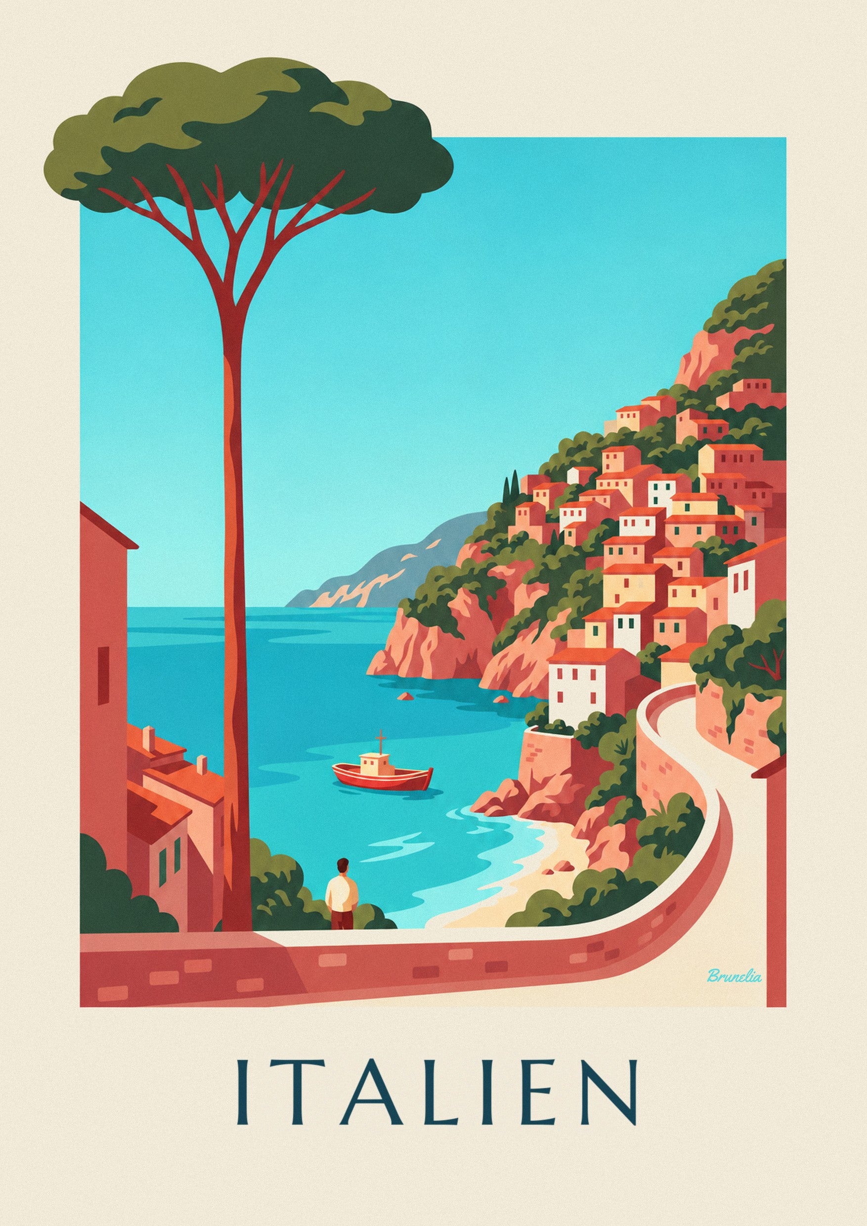 Poster med italiensk kust och pastellfärgade byar på klipporna: detalj i närbild