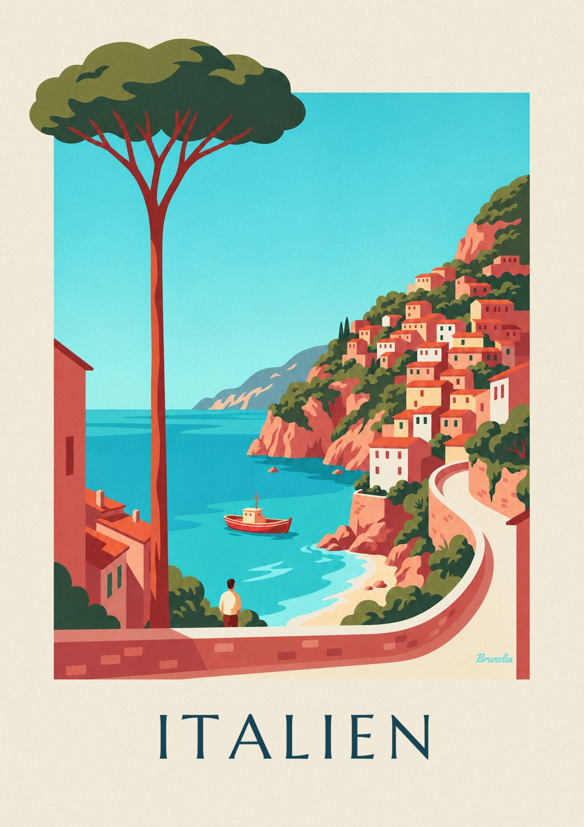 Poster med italiensk kust och pastellfärgade byar på klipporna