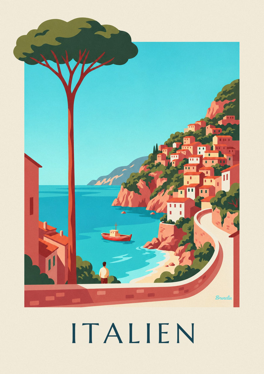 Poster med italiensk kust och pastellfärgade byar på klipporna