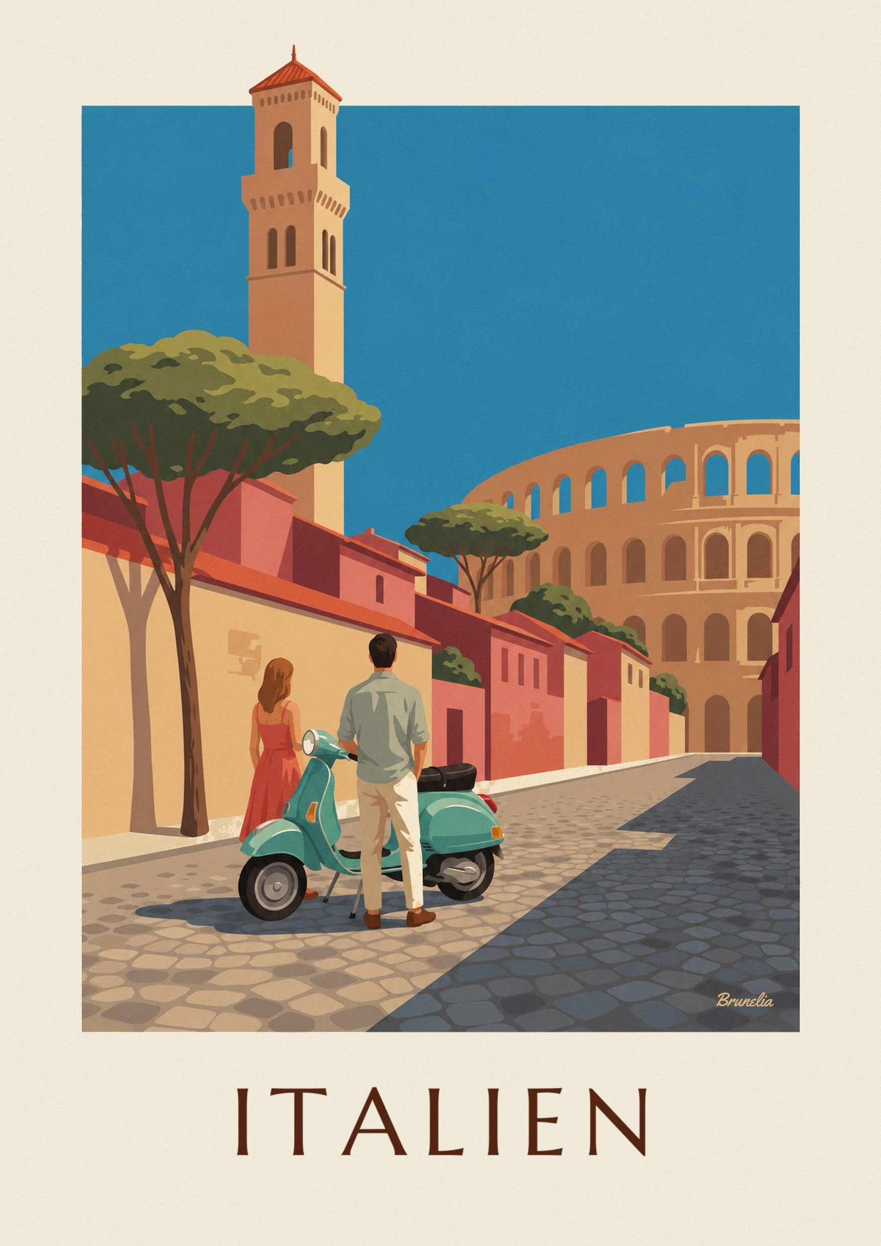 Affisch med par och mintgrön scooter framför Colosseum i Rom: detalj i närbild
