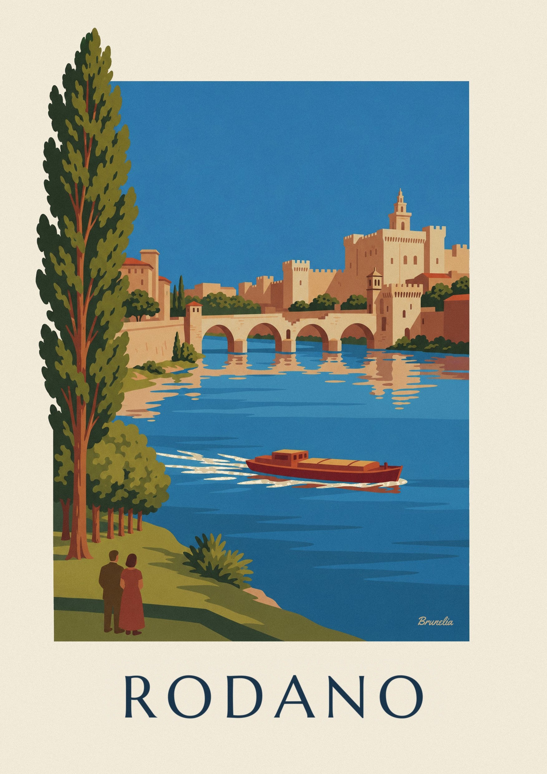 Poster de barcaça no Ródano diante da ponte de Avinhão: pormenor ampliado