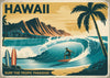Affiche Hawaii avec surfeur et vague tropicale