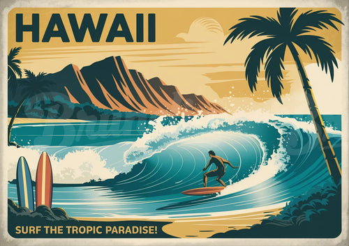 Affiche Hawaii avec surfeur et vague tropicale