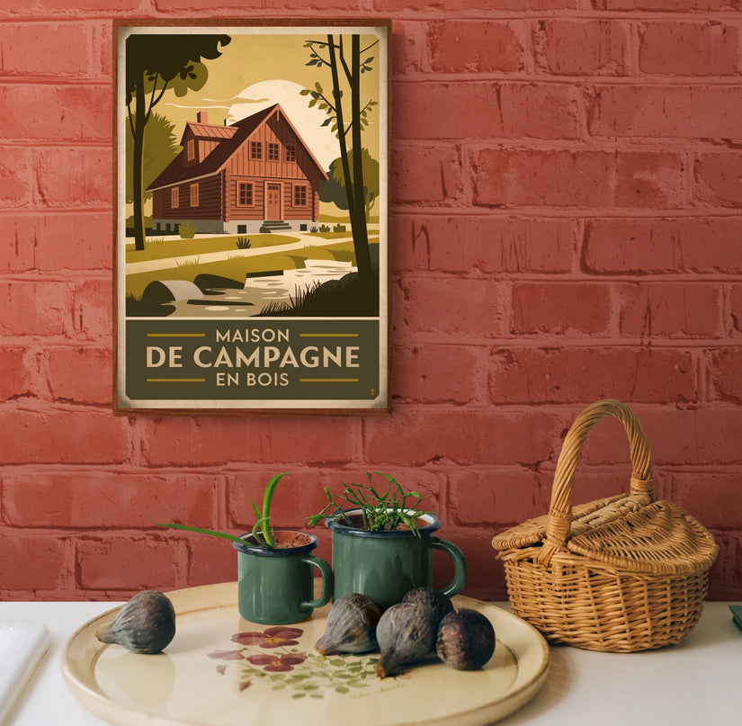 Affiche maisons bois traditionnelles rétro