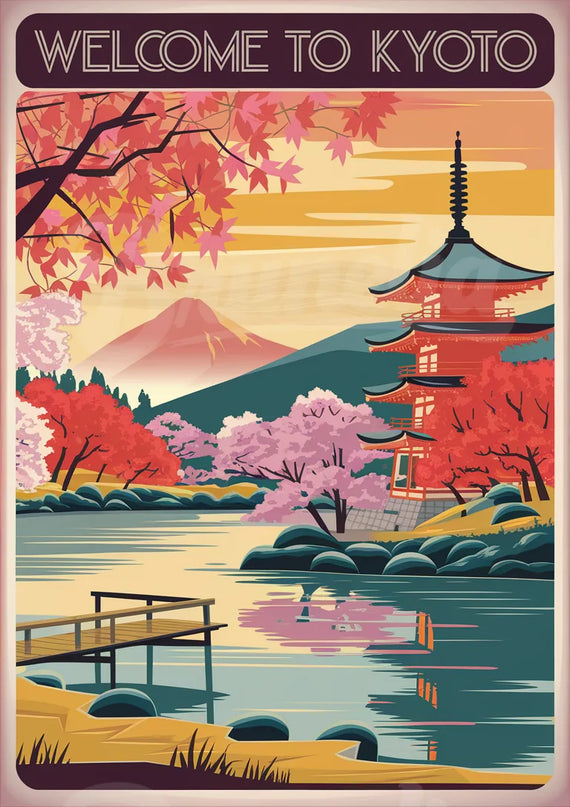 Affiche pagode ancienne rétro Kyoto