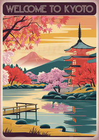 Illustration moderne – Temple rouge et cerisiers à Kyoto