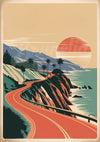 Affiche route côtière Art déco avec soleil et palmiers