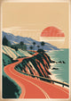 Affiche route côtière Art déco avec soleil et palmiers