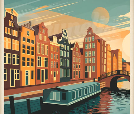 Affiche péniche canal rétro Amsterdam
