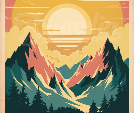 Affiche vintage coucher de soleil sur les montagnes