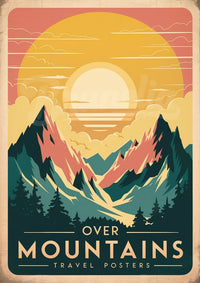 Affiche paysage montagneux coucher de soleil style rétro