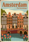 Affiche Amsterdam Néstelaïs avec maisons canal et tulipes