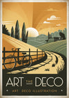 Affiche Art Déco paysage rural avec vélo et coucher de soleil
