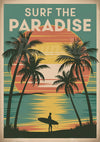 Affiche surfeur tropical coucher de soleil palmiers