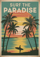 Affiche surfeur tropical coucher de soleil palmiers