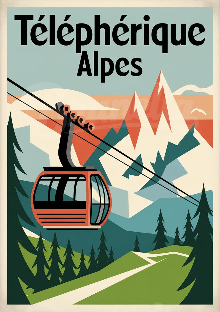 Affiche Téléphérique des Alpes style rétro années 1930