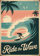 Affiche surfeur vague rétro style Art Déco