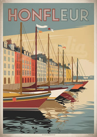 Affiche rétro du port coloré de Honfleur avec voiliers