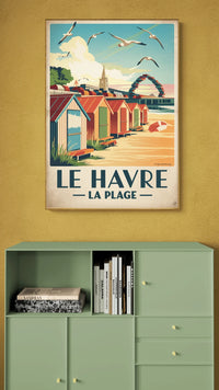 Affiche Le Havre cabines de plage colorées style Art Déco