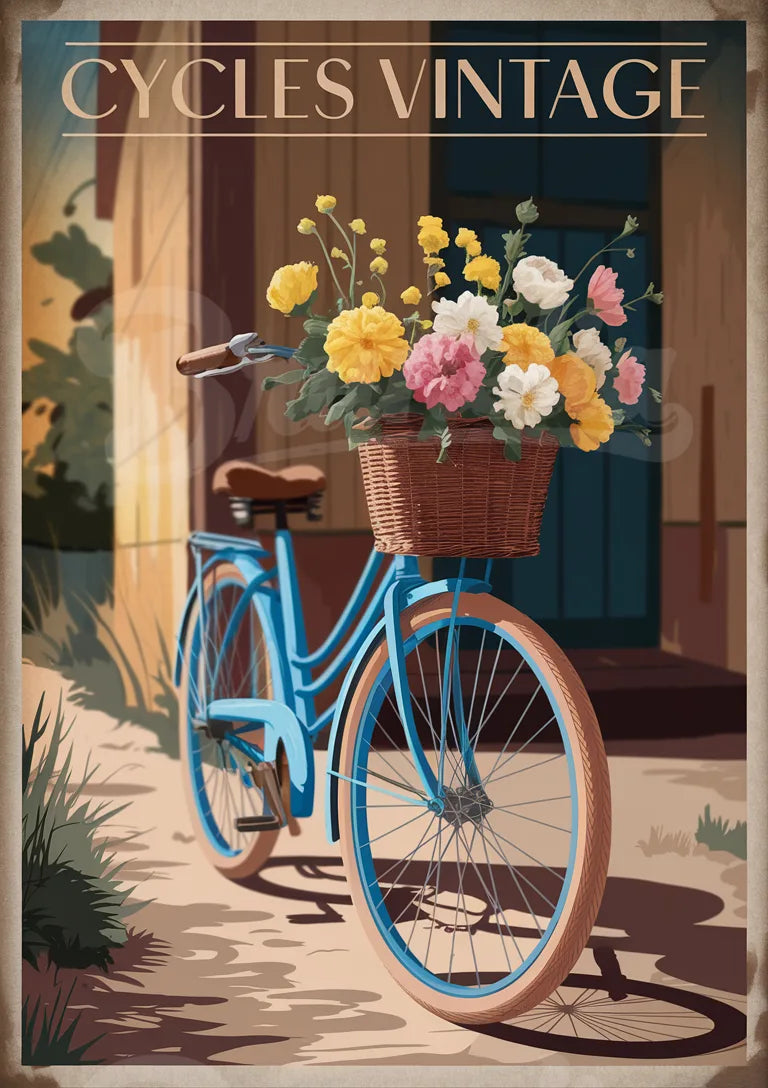 Affiche bicyclette fleurie rétro années 1950