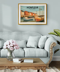 Affiche Port de Honfleur bateaux et façades normandes