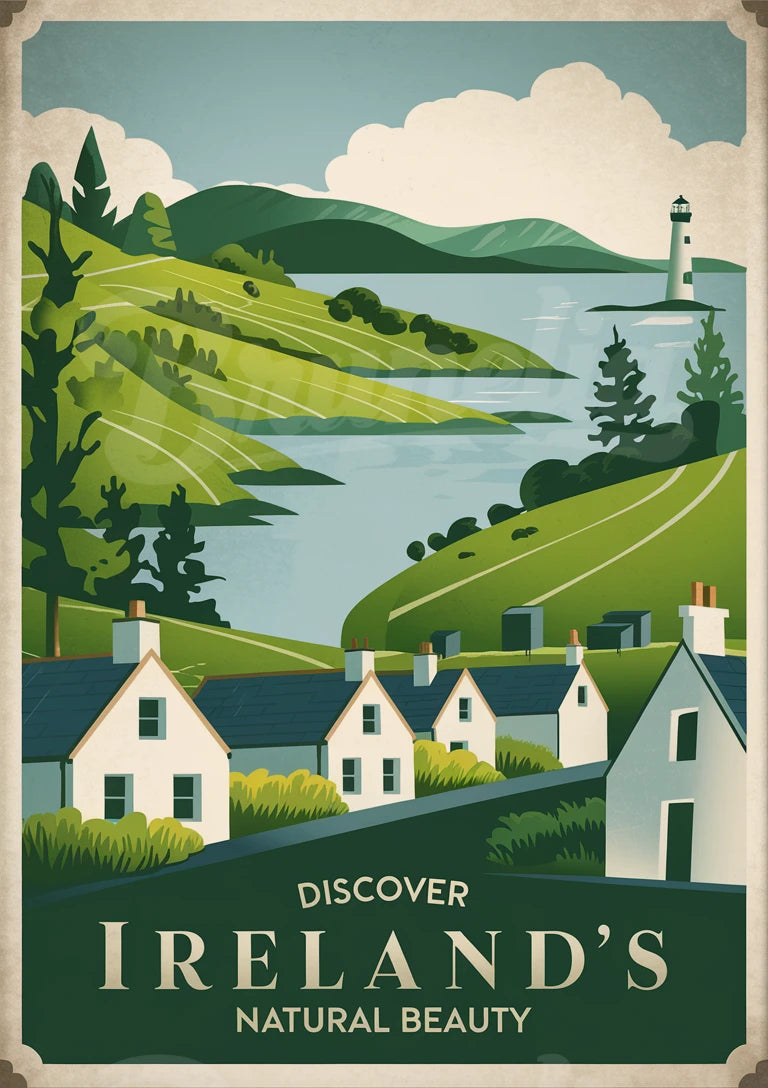 Affiche Irlande paysage lacustre cottages traditionnels