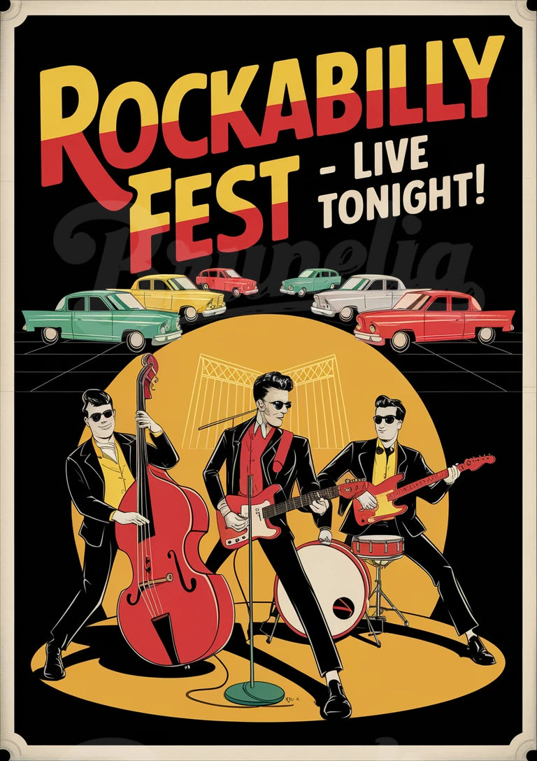 Affiche Rockabilly Fest, musiciens et voitures rétro