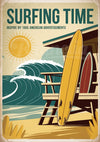 Affiche rétro planche de surf et cabine de plage années 1950
