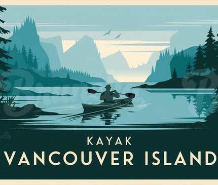 Affiche kayak vintage Vancouver Island