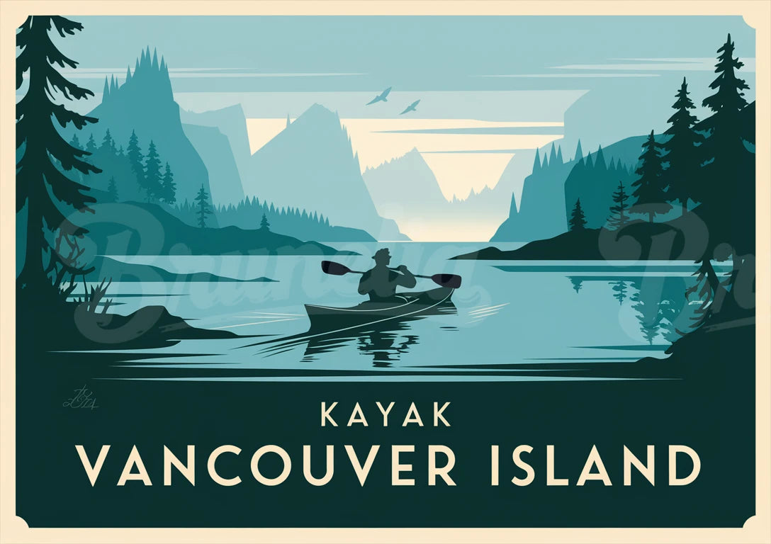 Affiche kayak Vancouver Island avec paysage lacustre