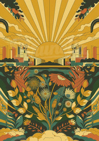 Affiche graphique futuriste – Soleil radiant et paysage floral