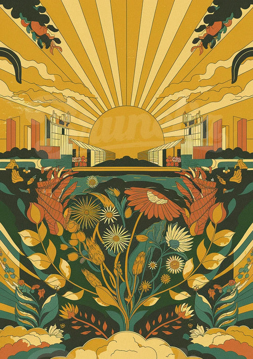 Affiche graphique futuriste – Soleil radiant et paysage floral