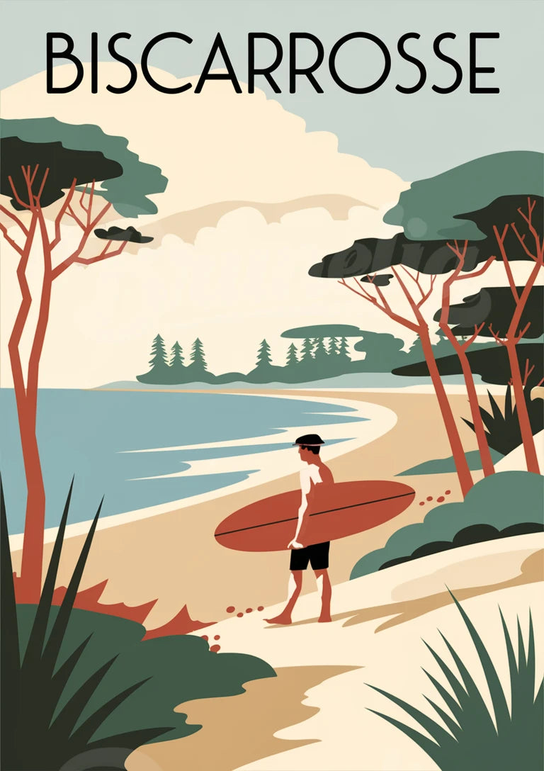 Affiche rétro surfeur à Biscarrosse bord de mer