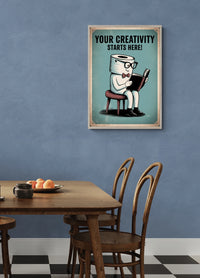 Affiche créativité personnage papier toilette lecture vintage