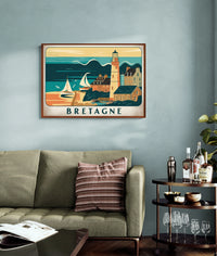 Affiche Phare côtier voiliers art déco Bretagne