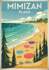 Affiche Mimizan Plage parasols colorés forêt côtière