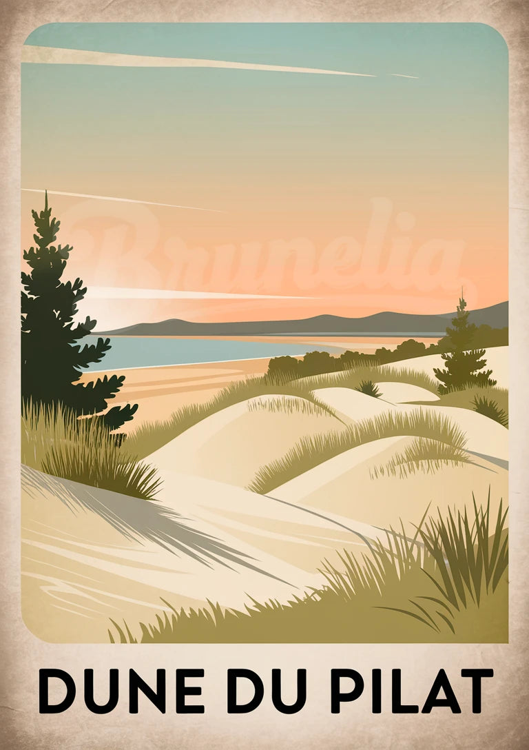 Affiche Dune du Pilat paysage côtier rétro