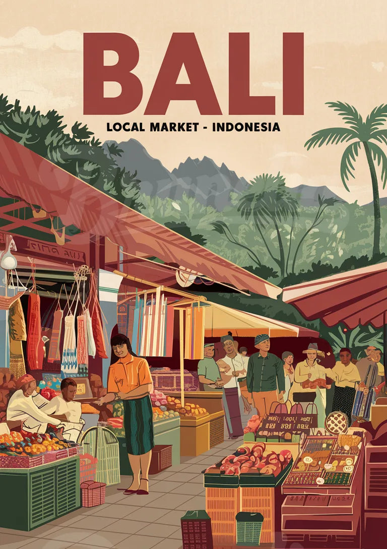 Affiche Marché de Bali Indonésie style rétro